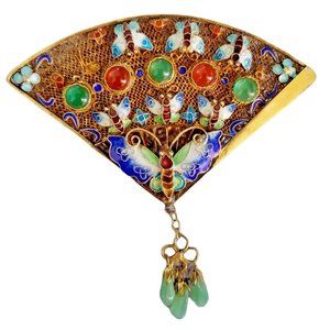 Fan Antique Brooch Pin Handcrafted Butterflies Gems Filigreed AS IS READ